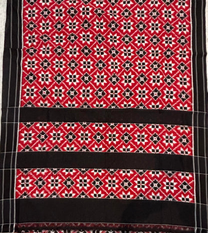 Authentic Handloom Telia Rumal Double Ikkat Cotton Saree in Crimson Red &amp; Black