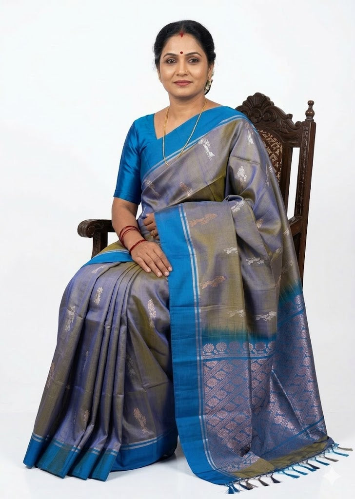 Elegant Dual-Tone Pure Soft Silk Saree with Ananda Blue Border &amp; Blouse | Buy Online