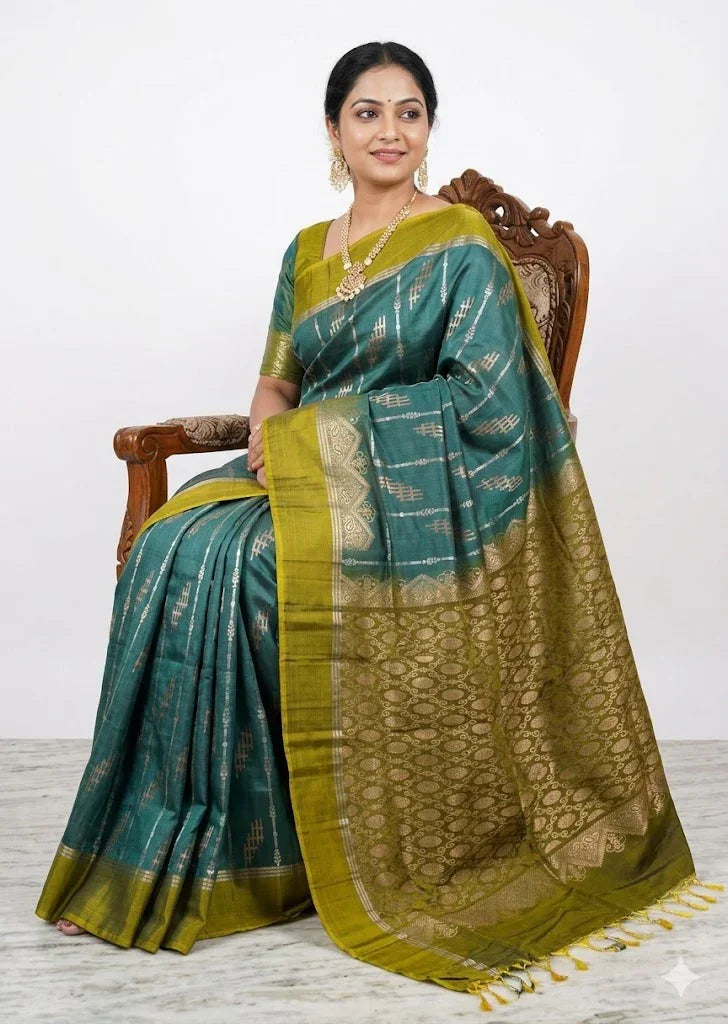 Premium Pure Soft Silk Saree in Teal Green with Olive Zari Brocade Pallu | Traditional Festive & Wedding Wear - pochampallysarees.com