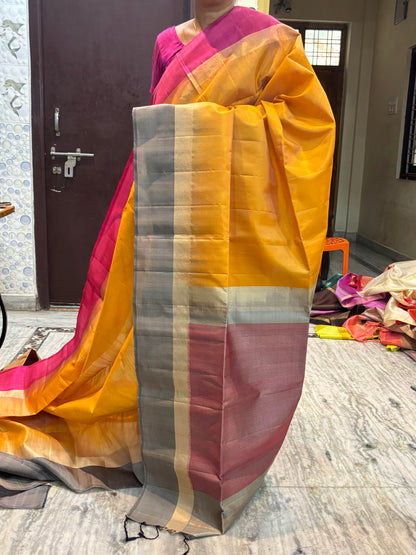 Mustard Yellow Silk Saree with Grey and Magenta Zari Border