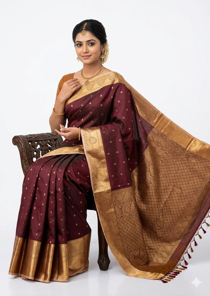 Pure Darmavaram Silk Saree - Rich Maroon Body with Elegant Brown Pallu - pochampallysarees.com