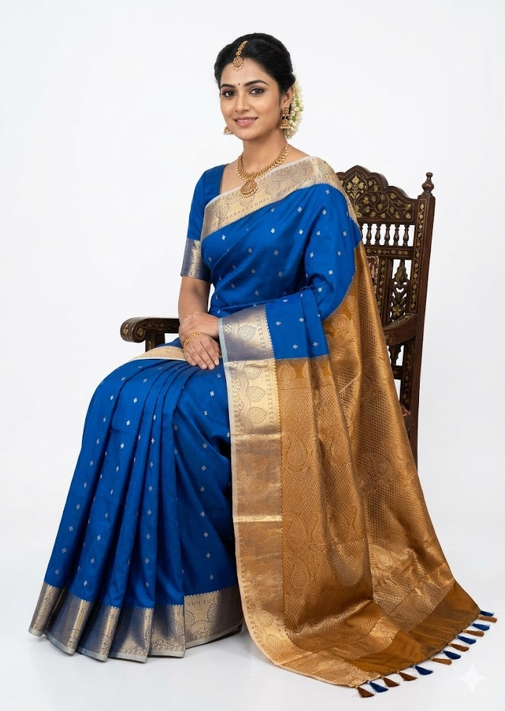 Pure Dharmavaram Silk Saree - Royal Blue Body with Mustard Brown Zari Pallu - pochampallysarees.com