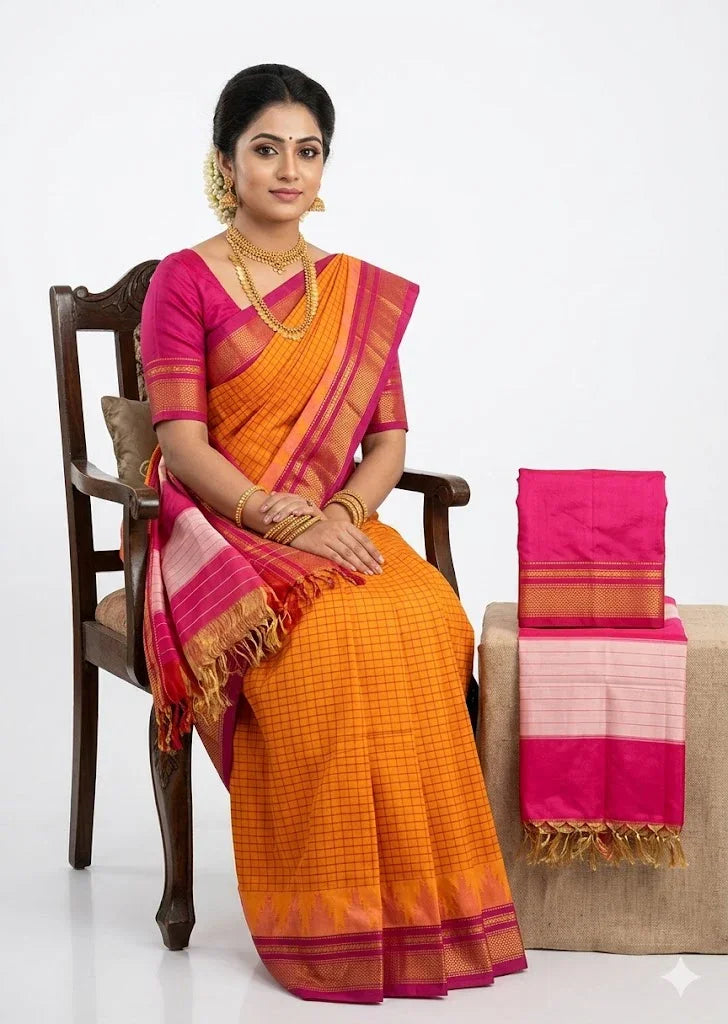 Buy Pure Gadwal Silk Saree in Orange &amp; Pink with Zari Border Online - pochampallysarees.com