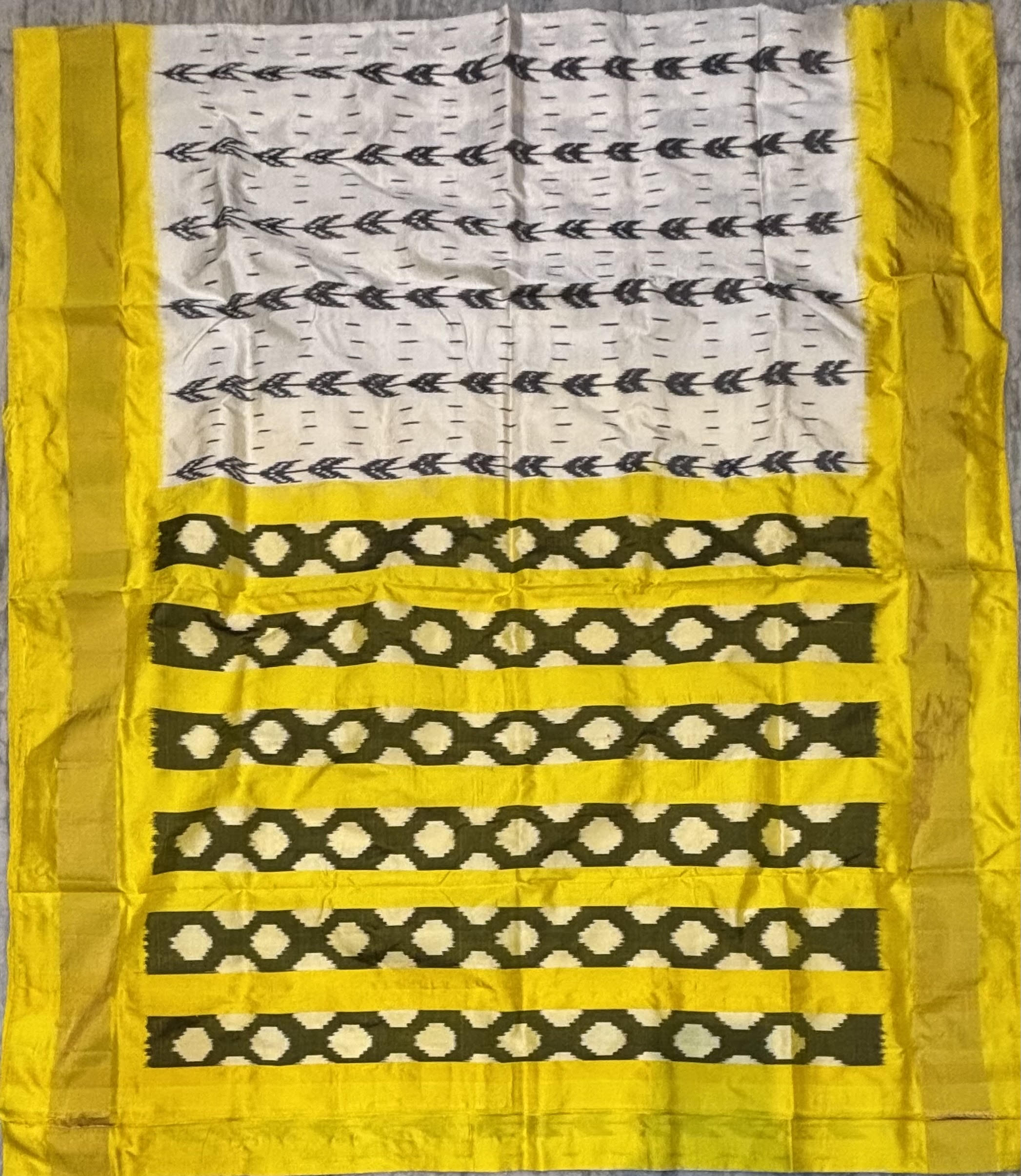Pure Pochampally Ikkat Silk Saree in Cream and Mustard Yellow with Silk Mark