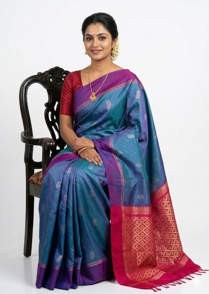 Premium Royal Blue Soft Silk Saree with Vibrant Magenta Pallu &amp; Traditional Floral Motif Weave