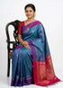 Premium Royal Blue Soft Silk Saree with Vibrant Magenta Pallu & Traditional Floral Motif Weave - pochampallysarees.com