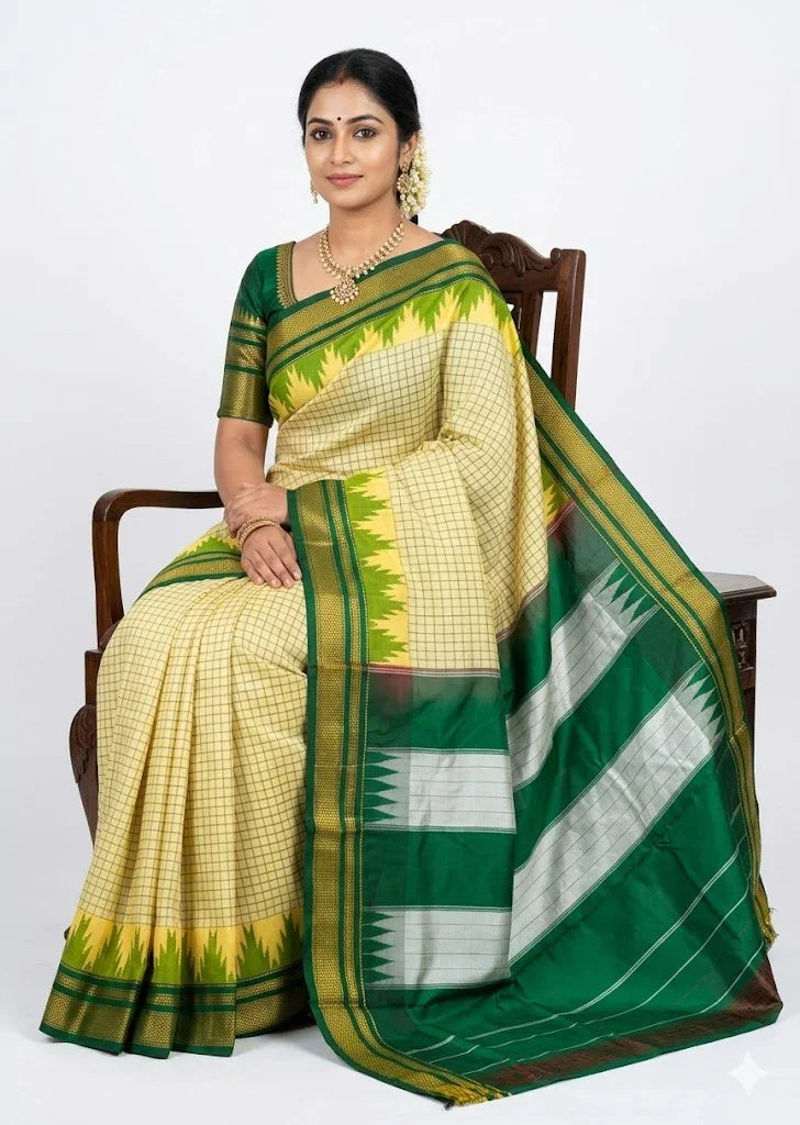 Pure Gadwal Silk Saree - Cream Checkered Body with Green Temple Border &amp; Rich Zari Pallu - pochampallysarees.com