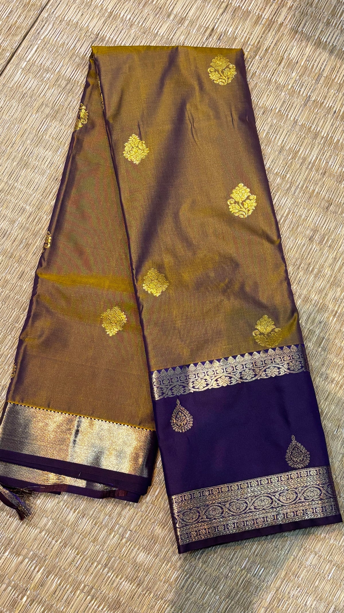 Bronze Brown &amp; Royal Purple Semi Dharmavaram Silk Saree with Gold Zari Pallu
