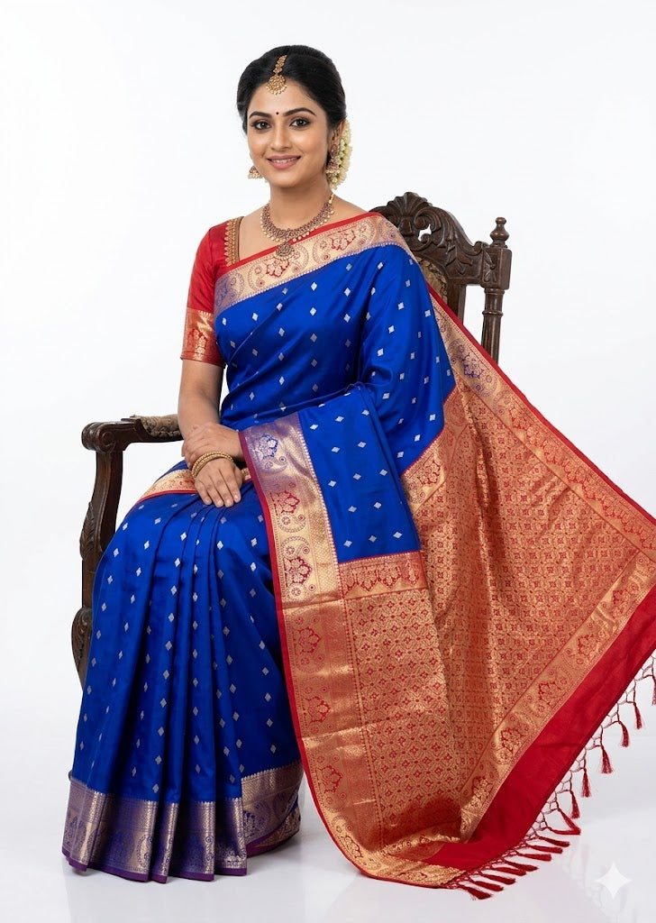 Pure Dharmavaram Silk Saree - Royal Blue & Red with Gold Zari - pochampallysarees.com