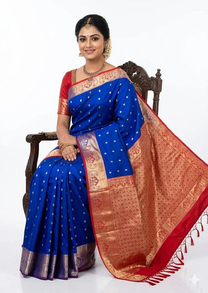 Pure Dharmavaram Silk Saree - Royal Blue &amp; Red with Gold Zari - pochampallysarees.com