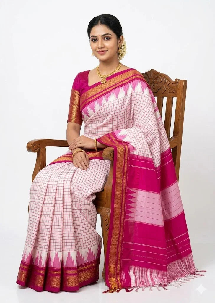 Traditional White &amp; Pink Pure Gadwal Silk Saree with Zari Border - pochampallysarees.com