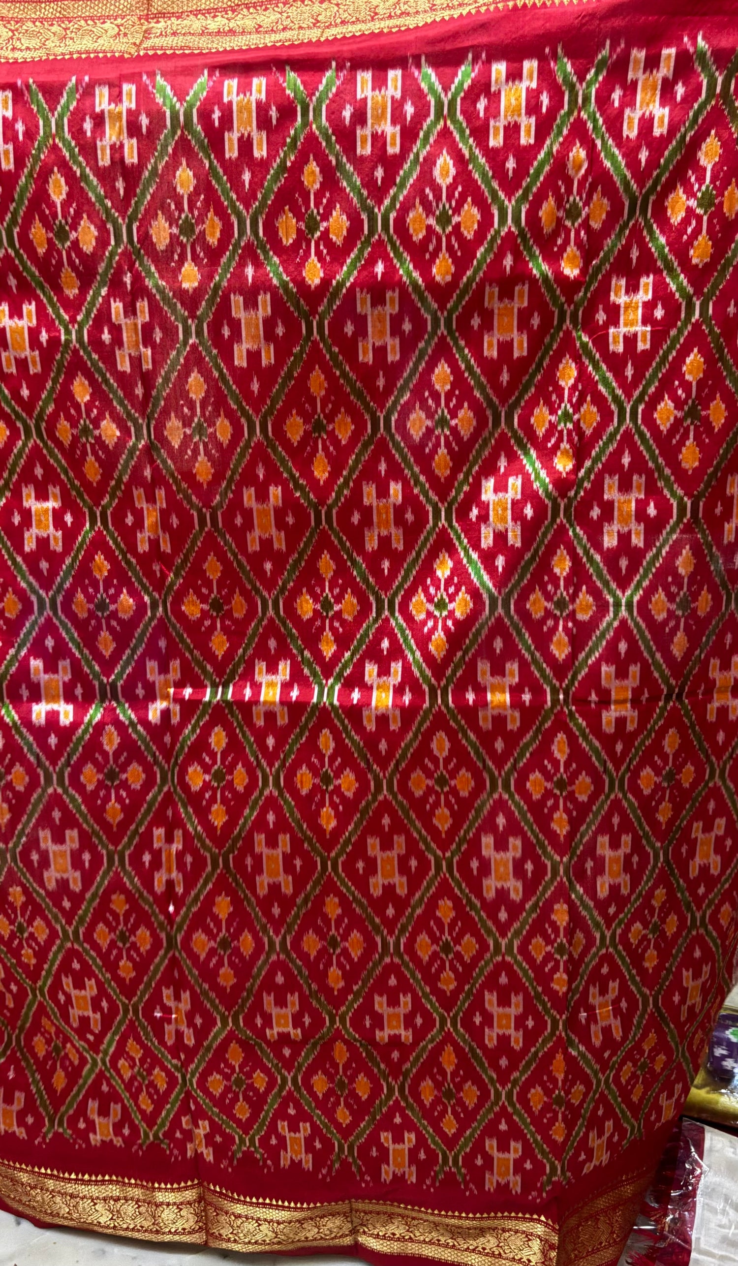 Traditional Handwoven Red &amp; Black Checks Patola Ikkat Silk Saree