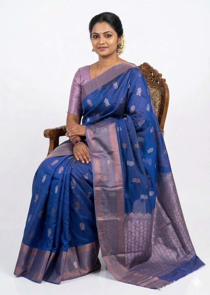 Royal Blue Silk Saree with Copper Zari & Light Purple Blouse | Traditional Ethnic Wear