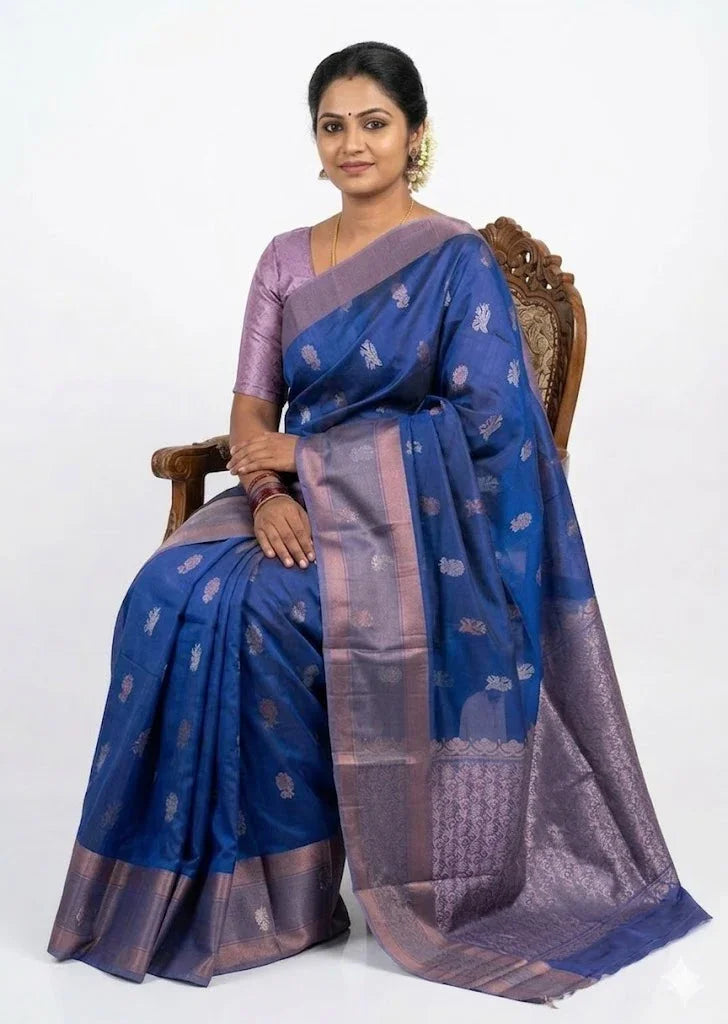 Royal Blue Silk Saree with Copper Zari &amp; Light Purple Blouse | Traditional Ethnic Wear - pochampallysarees.com