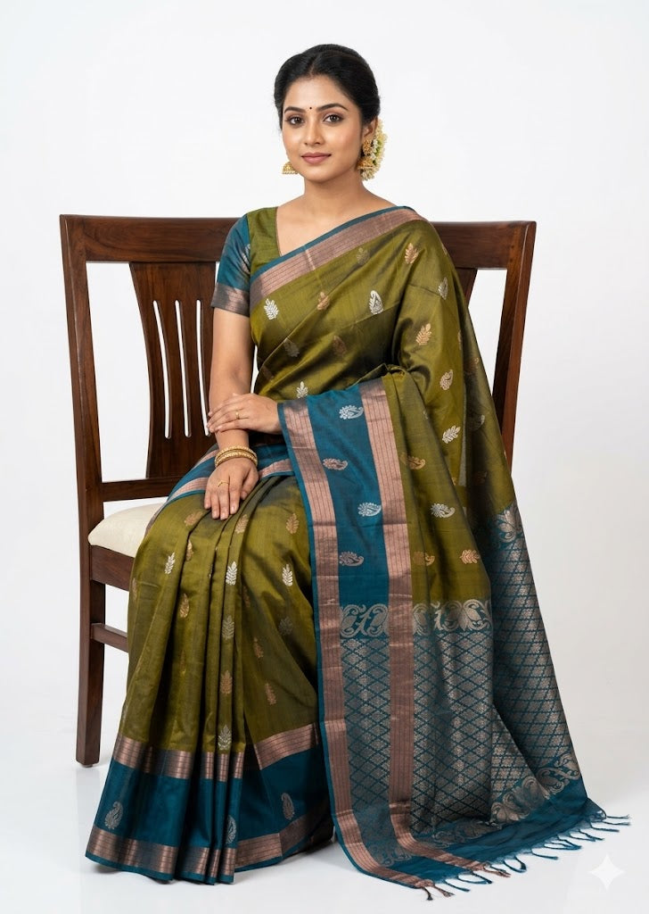 Elegant Olive Green Pure Soft Silk Saree with Teal Blue Zari Pallu | Traditional Festive Wear