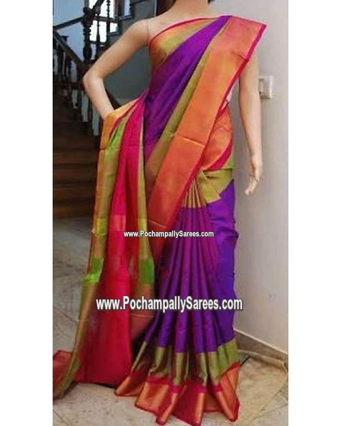 UPPADA STRIPE GREEN AND BLUE COLOR SAREE - pochampallysarees.com