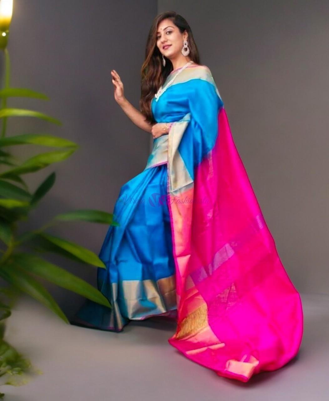 Uppada Silk Body Ananda Blue, Uppada Pallu Contrast Uppada Pink Blouse - pochampallysarees.com