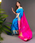 Uppada Silk Body Ananda Blue, Uppada Pallu Contrast Uppada Pink Blouse - pochampallysarees.com