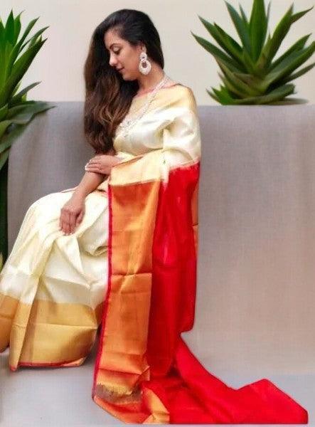 Uppada Silk Body Cream, Uppada Pallu Contrast Uppada Red Blouse - pochampallysarees.com