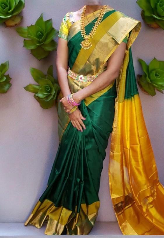 Uppada Silk Body Green, Uppada Pallu Contrast Uppada Yellow Blouse - pochampallysarees.com