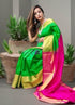 Uppada Silk Body Parrot Green, Uppada Pallu Contrast Uppada Pink Blouse - pochampallysarees.com