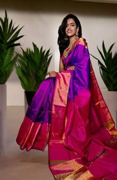 Uppada Silk Body Purple, Uppada Pallu Contrast Uppada Pink Blouse - pochampallysarees.com