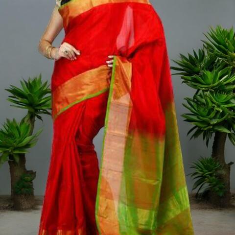 Uppada Silk Body Red, Uppada Pallu Contrast Uppada Green Blouse - pochampallysarees.com