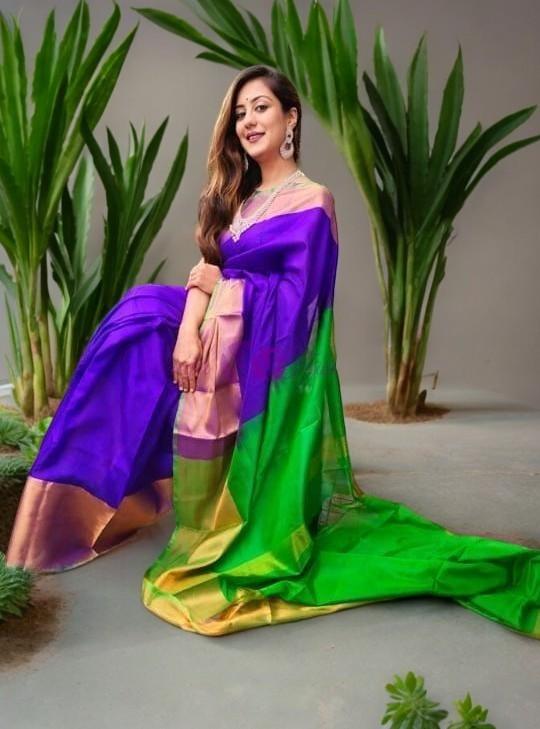 Uppada Silk Body Voilet, Uppada Pallu Contrast Uppada green Blouse - pochampallysarees.com