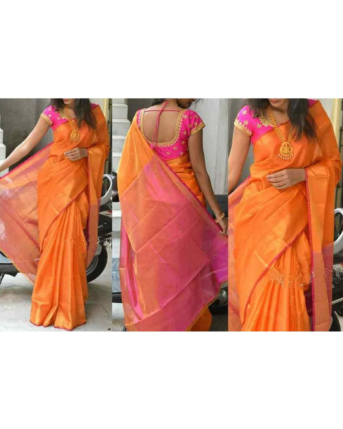 UPPADA SILK TISSUE ORANGE COLOUR SAREE - pochampallysarees.com