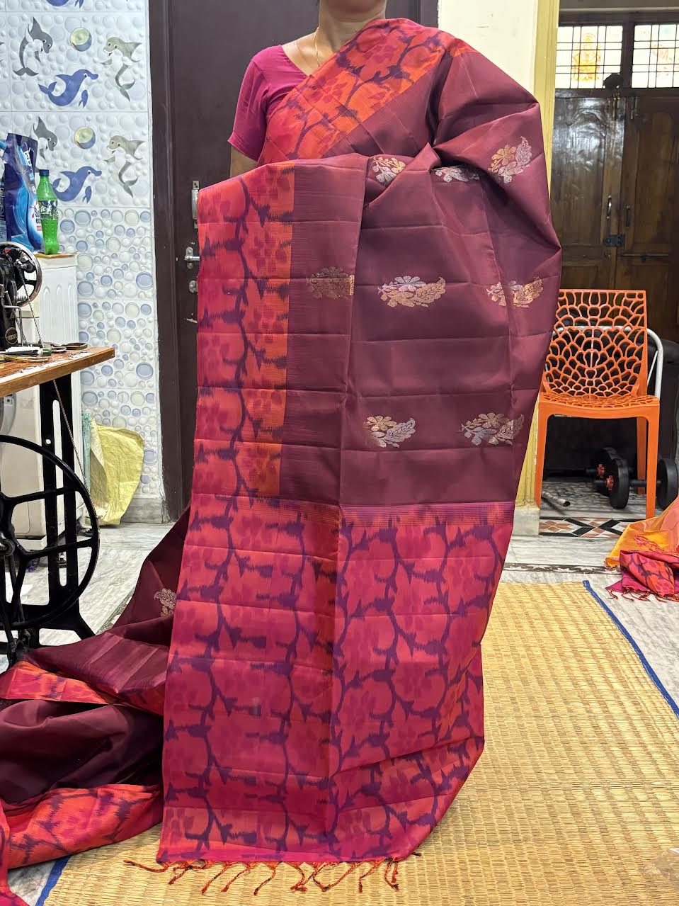 Kanchi Soft Silk Saree in Wine Magenta with Floral Jamdani Weave Border &amp; Buttas