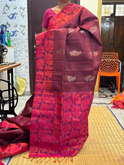Kanchi Soft Silk Saree in Wine Magenta with Floral Jamdani Weave Border &amp; Buttas