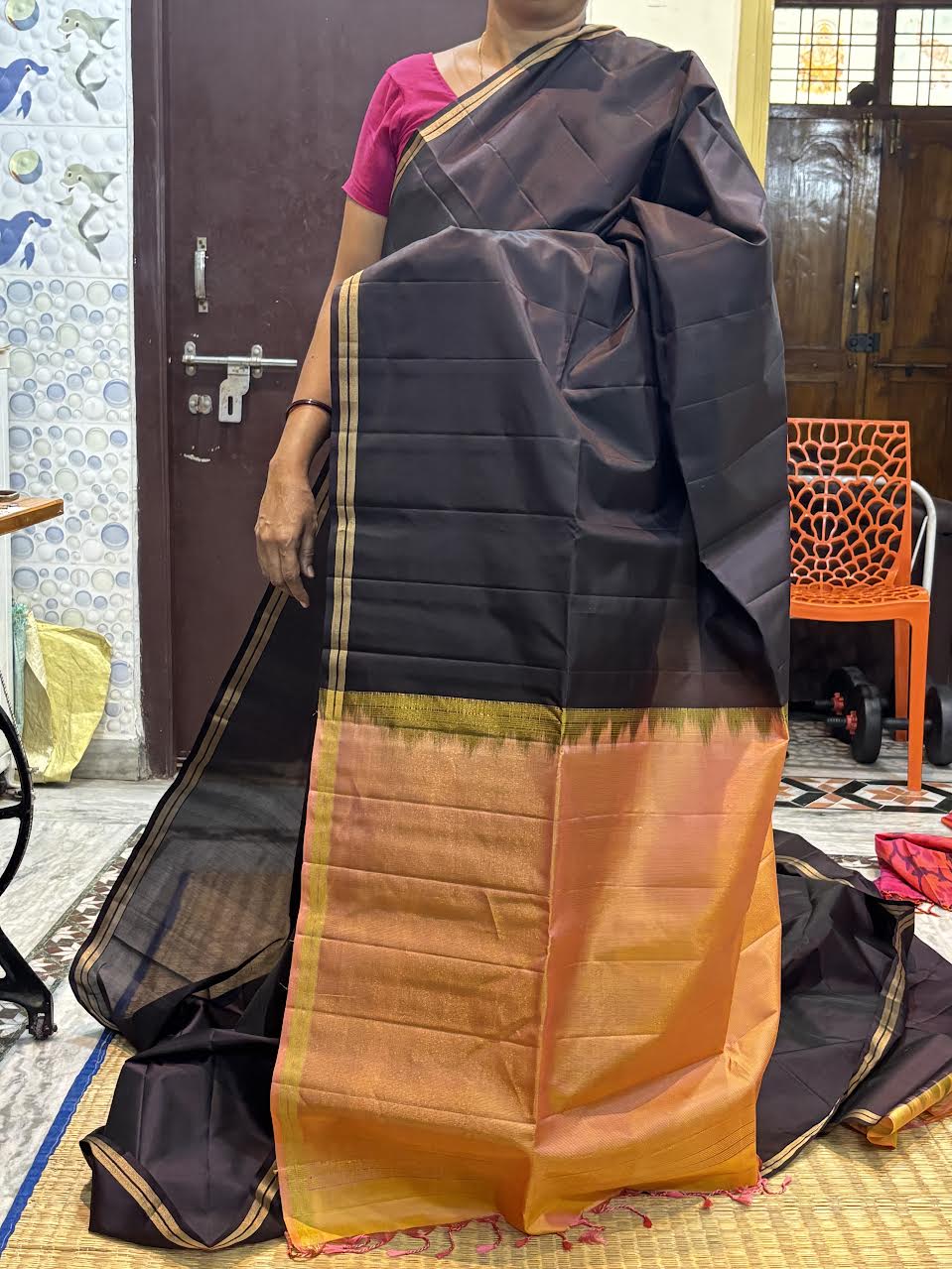 Kanchi Soft Silk Saree in Deep Wine Black with Contrast Peach Gold Zari Border