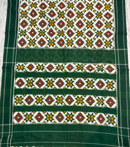 Authentic Telia Rumal Handloom Cotton Saree in Emerald Green and White