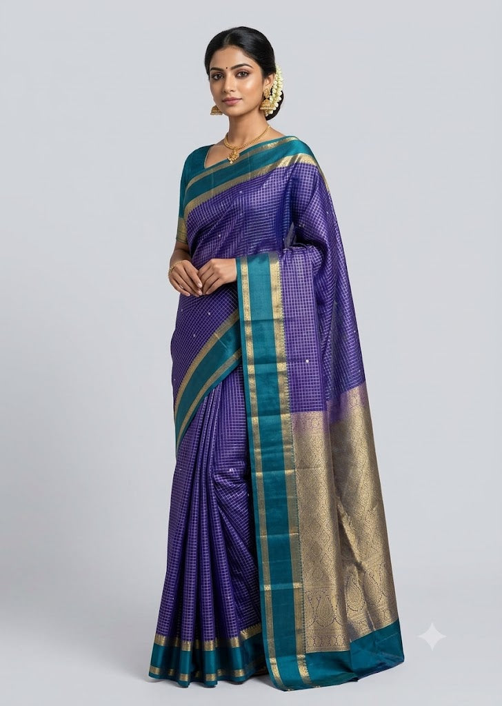 A woman in a traditional pose wearing a violet pure Kanchipuram silk checks saree with a contrasting teal green and gold zari border against a light grey background.