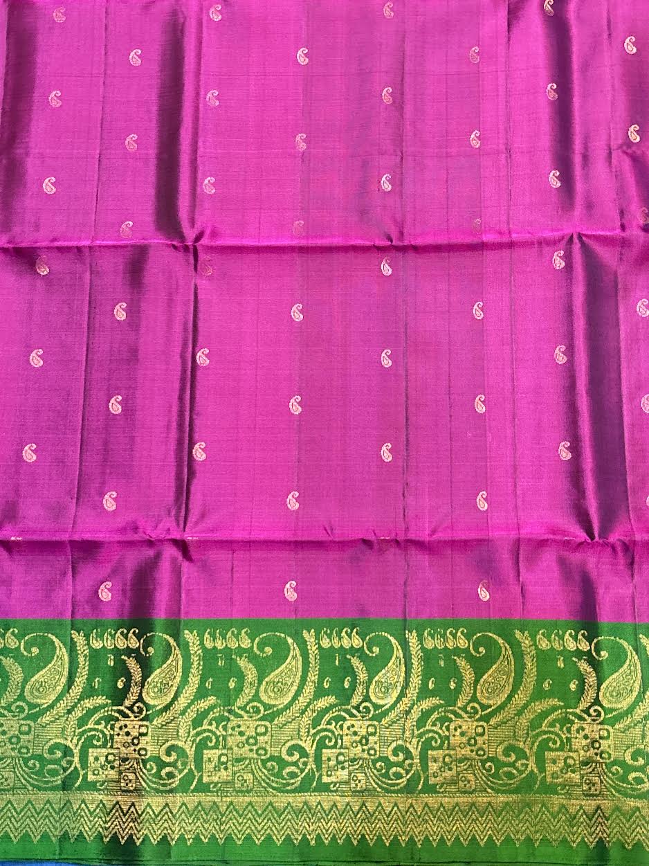 Magenta Pink Silk Saree with Contrast Emerald Green Gold Zari Woven Border With Silk Mark