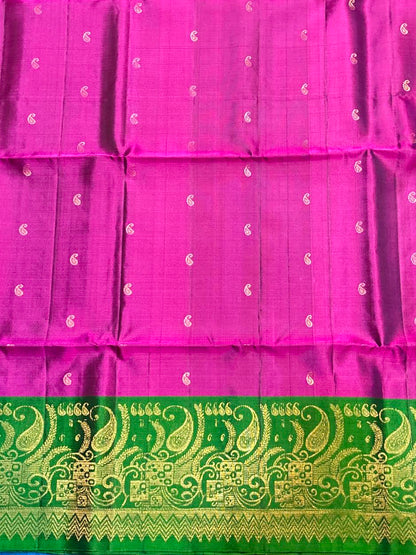Magenta Pink Silk Saree with Contrast Emerald Green Gold Zari Woven Border With Silk Mark