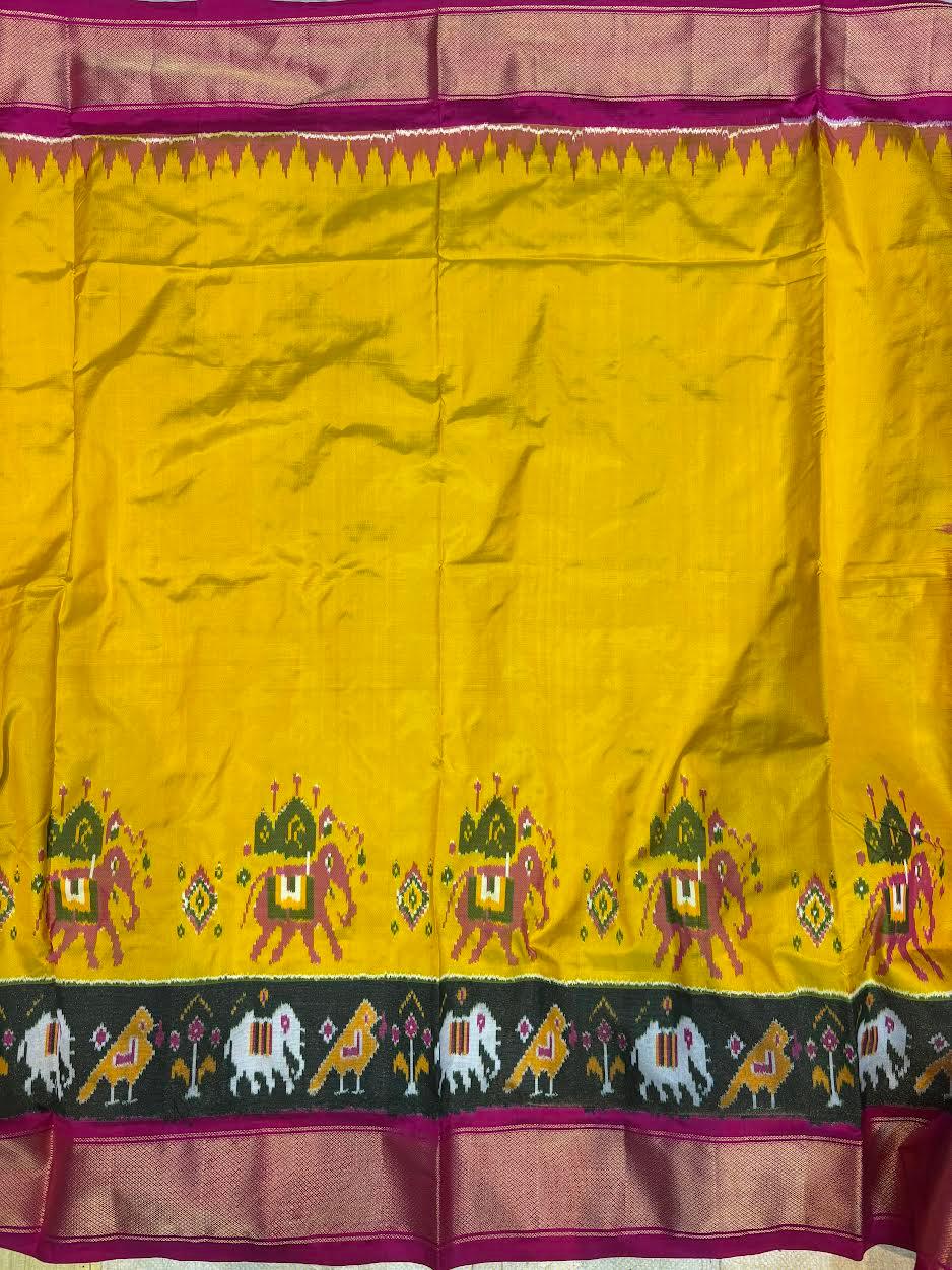 POCHAMPALLY IKKAT SILK BODY MANGO YELLOW BORDER PINK AND PALLU AND BLOUSE IKKAT DESIGN PINK SARI - pochampallysarees.com