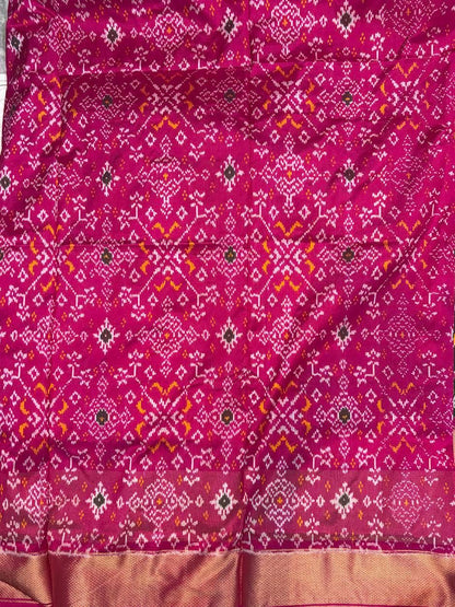 POCHAMPALLY IKKAT SILK BODY MANGO YELLOW BORDER PINK AND PALLU AND BLOUSE IKKAT DESIGN PINK SARI - pochampallysarees.com