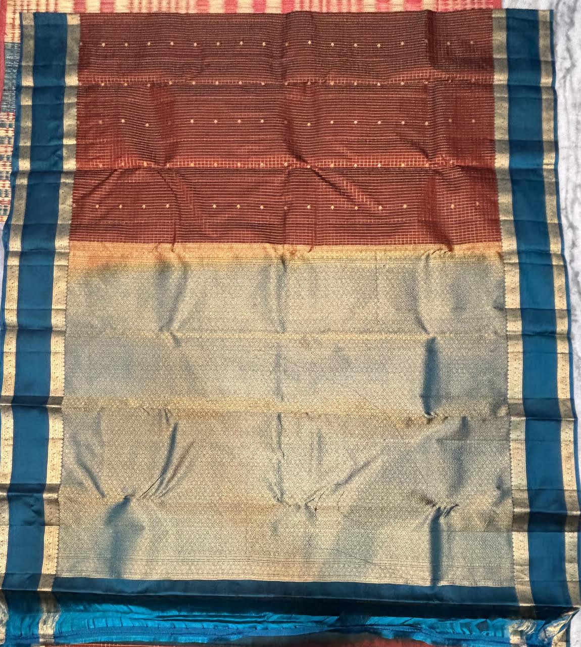 Authentic Kanchi Silk Saree in Deep Rust Red &amp; Peacock Blue Border