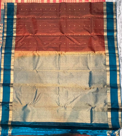 Authentic Kanchi Silk Saree in Deep Rust Red &amp; Peacock Blue Border