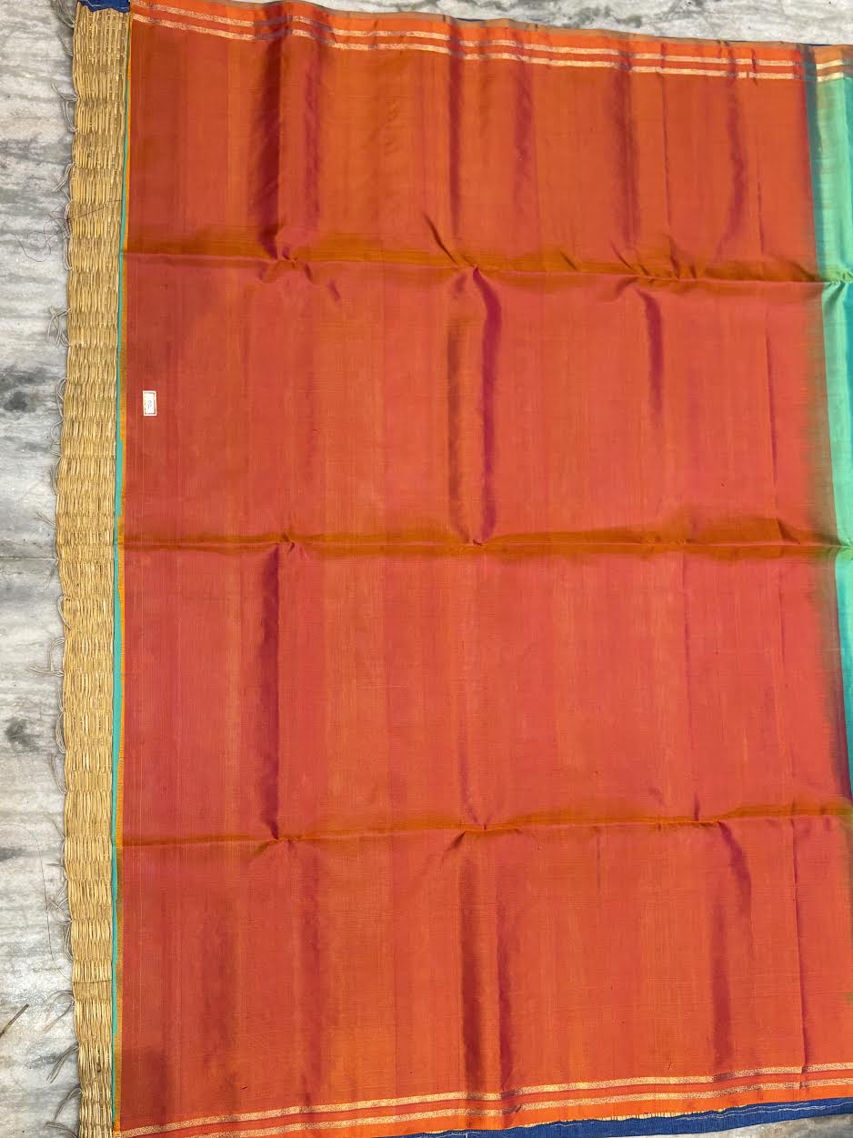 Silk Mark Certified Sea Green &amp; Rust Orange Kanchi Soft Silk Saree with Brocade Pallu