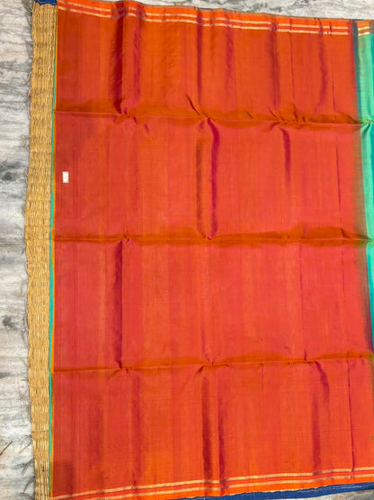 Silk Mark Certified Sea Green &amp; Rust Orange Kanchi Soft Silk Saree with Brocade Pallu