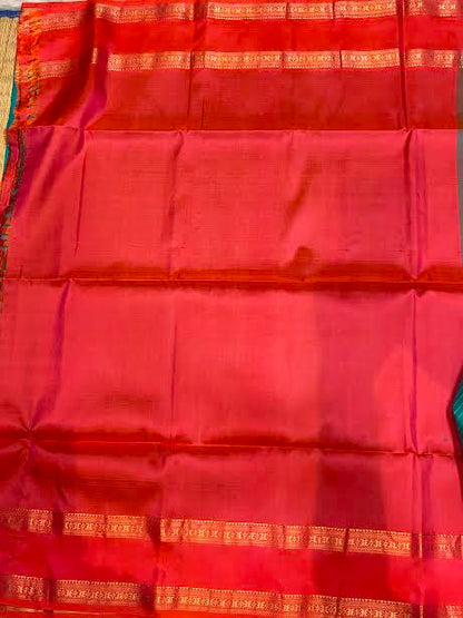 Silk Mark Certified Pure Kanchipuram Silk Saree in Teal Cyan with Contrast Red Zari Border