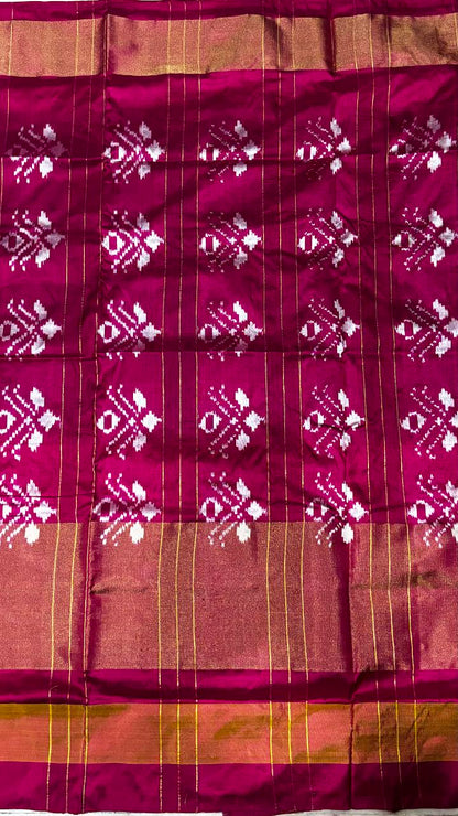 Authentic Blue and Pink Ikat Silk Saree with Zari Border