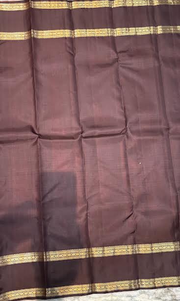 Crimson Red &amp; Dark Chocolate Brown Pure Kanchi Silk Saree with Gold Zari Pallu