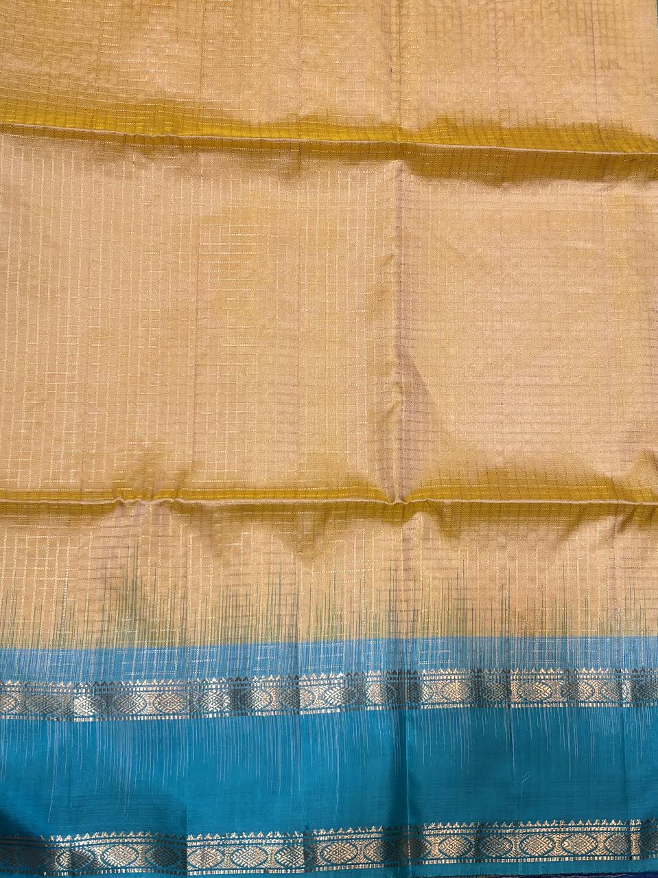 Peach and Teal Blue Kanjivaram Silk Saree with Gold Zari Border with Silk Mark