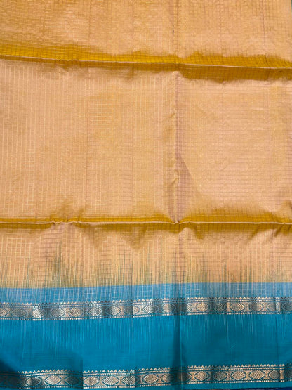 Peach and Teal Blue Kanjivaram Silk Saree with Gold Zari Border with Silk Mark