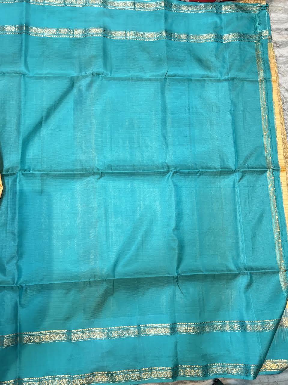 Peach and Teal Blue Kanjivaram Silk Saree with Gold Zari Border with Silk Mark