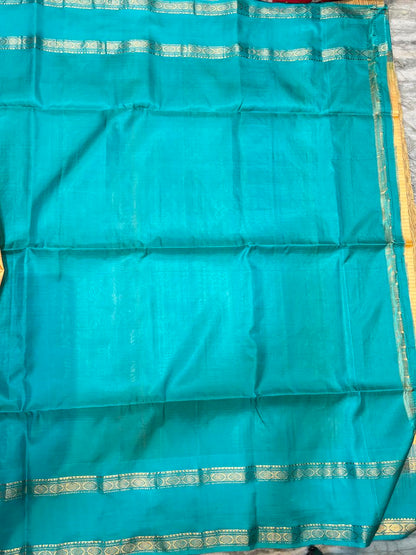 Peach and Teal Blue Kanjivaram Silk Saree with Gold Zari Border with Silk Mark