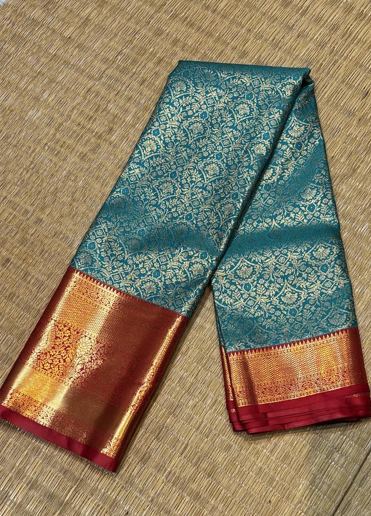 Traditional Teal &amp; Orange Semi-Dharmavaram Silk Saree